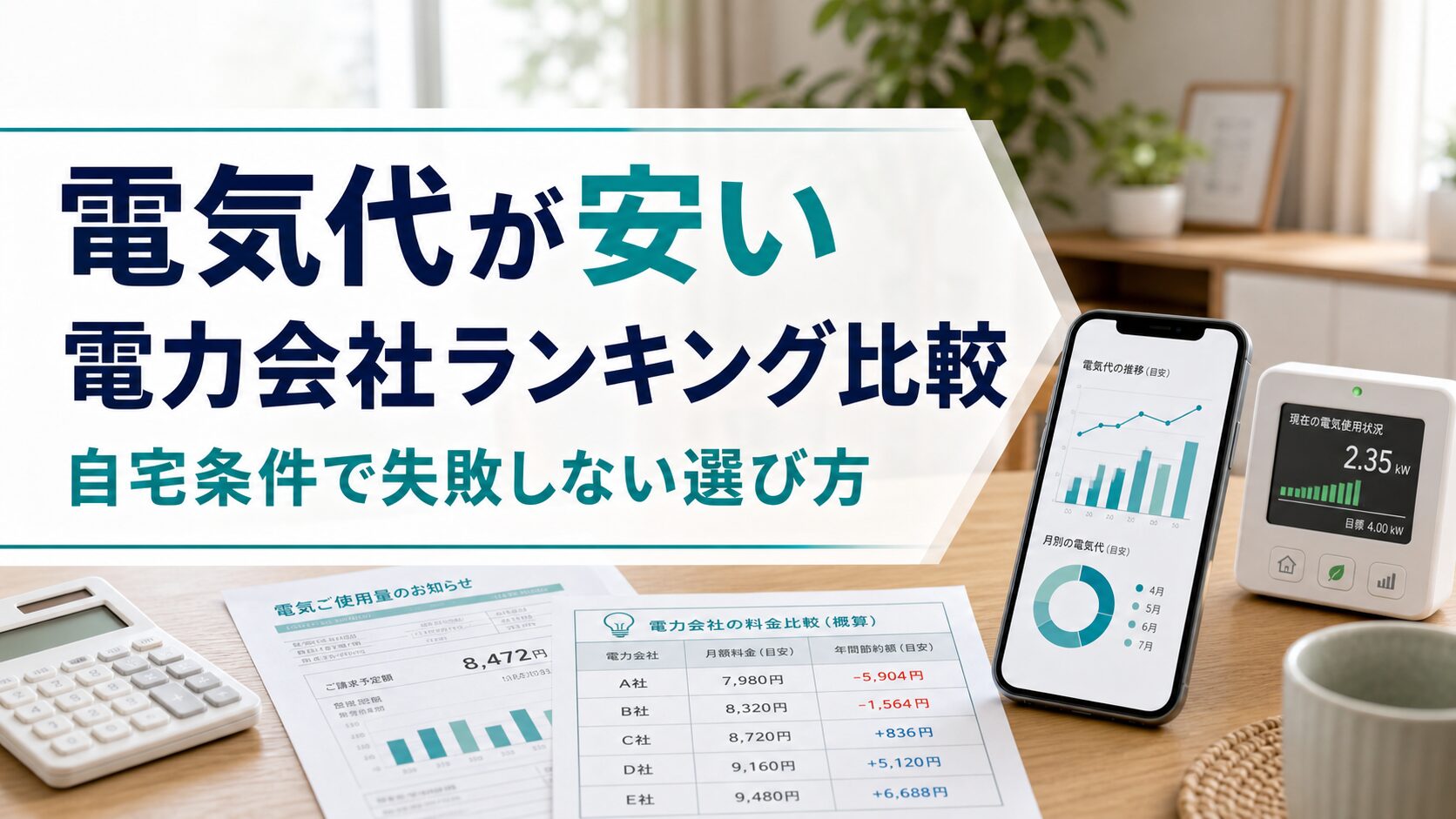 電気代が安い電力会社ランキング比較｜自宅条件で失敗しない選び方のアイキャッチ画像