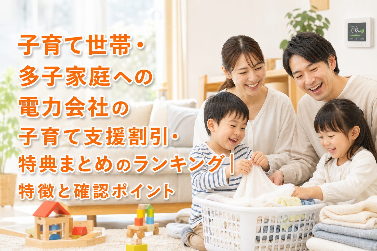 子育て世帯・多子家庭への電力会社の子育て支援割引・特典まとめのランキング｜特徴と確認ポイントのアイキャッチ画像