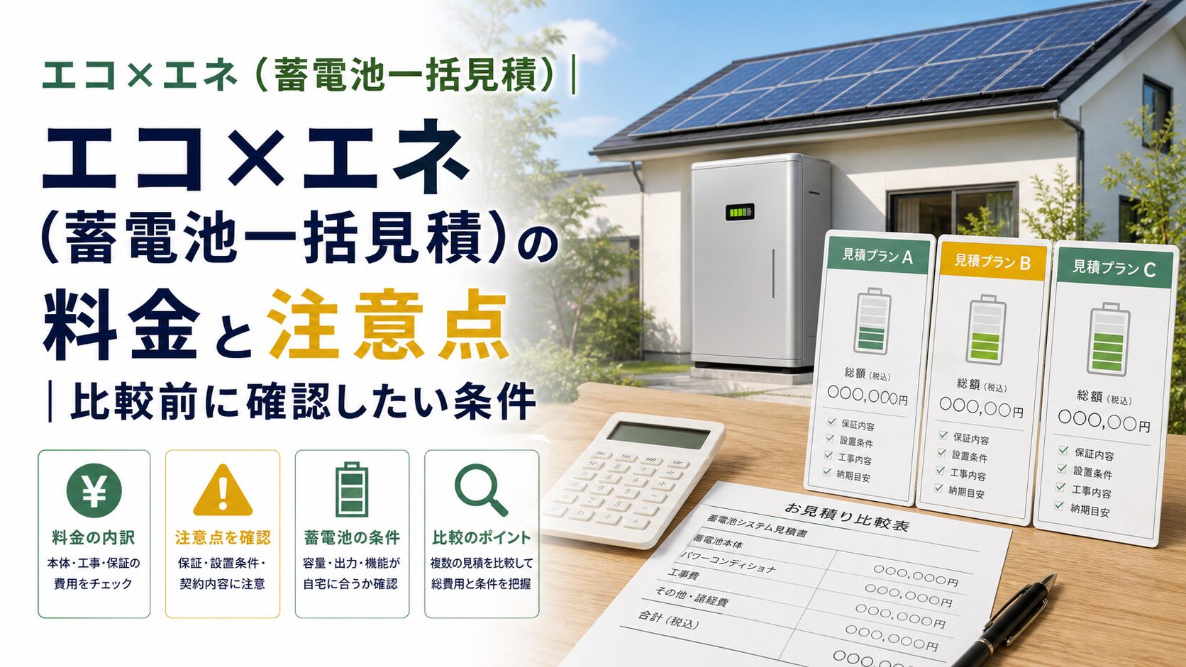 エコ×エネ(蓄電池一括見積)|エコ×エネ(蓄電池一括見積)の料金と注意点|比較前に確認したい条件のアイキャッチ画像