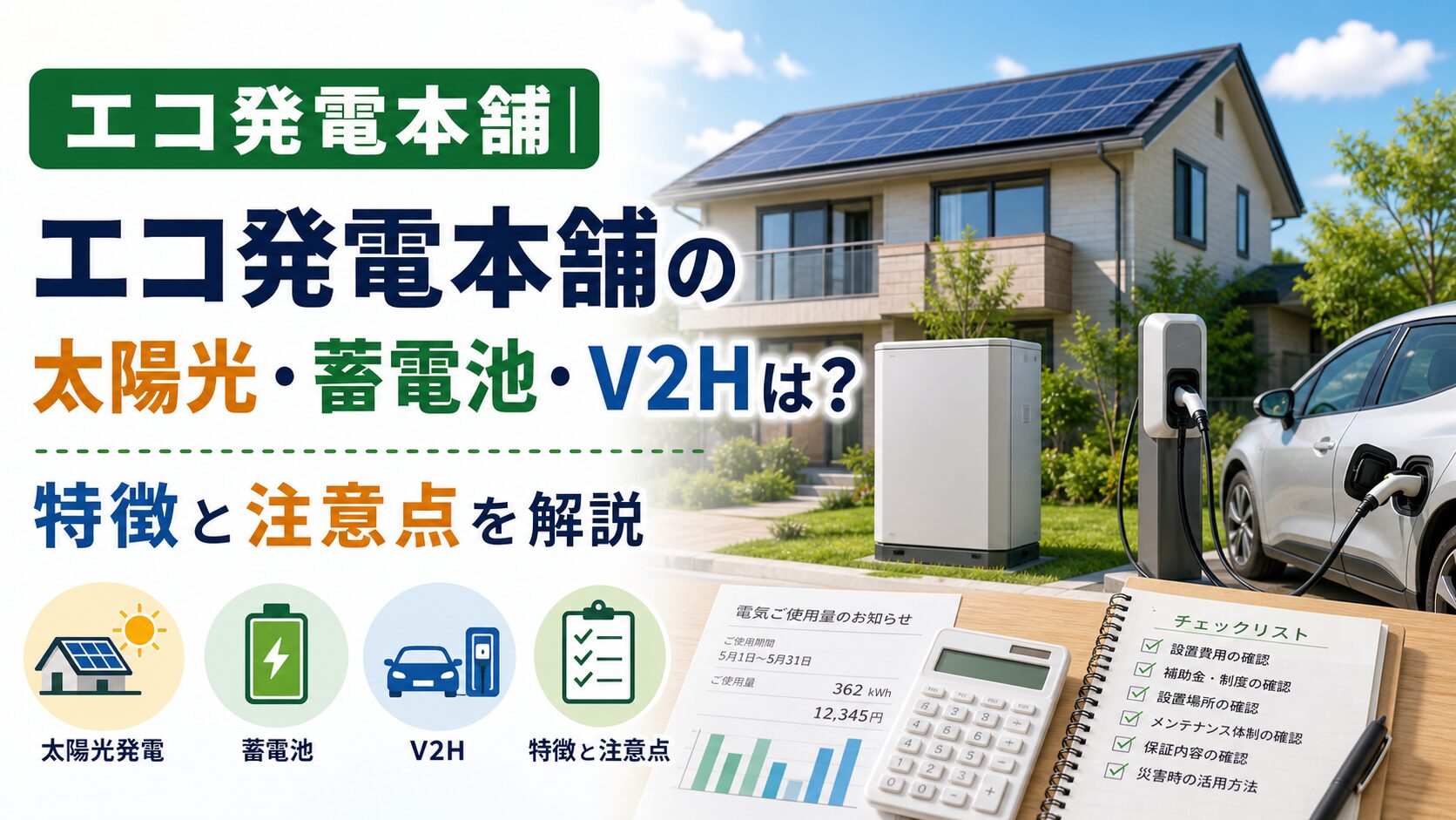 エコ発電本舗|エコ発電本舗の太陽光・蓄電池・V2Hは？特徴と注意点を解説のアイキャッチ画像
