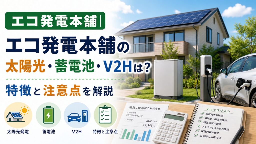 エコ発電本舗|エコ発電本舗の太陽光・蓄電池・V2Hは？特徴と注意点を解説のアイキャッチ画像