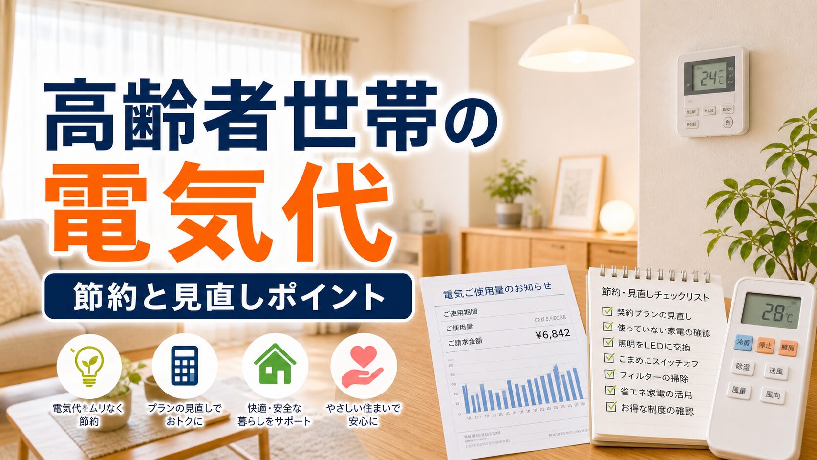 高齢者世帯の電気代目安と節約・見直しポイント｜比較・見直しガイドのアイキャッチ画像
