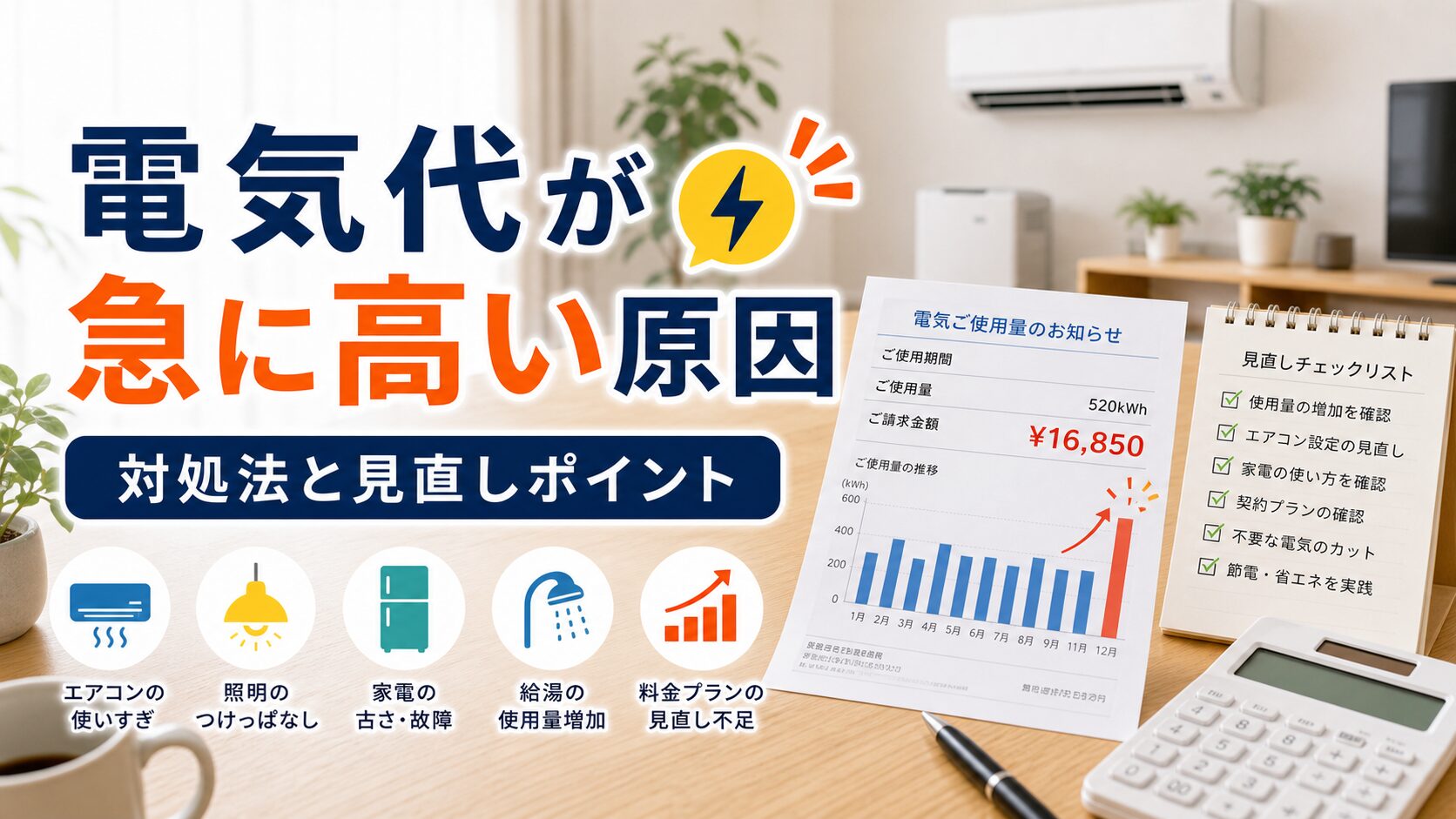 電気代が急に高くなった原因と対処法｜比較・見直しガイドのアイキャッチ画像