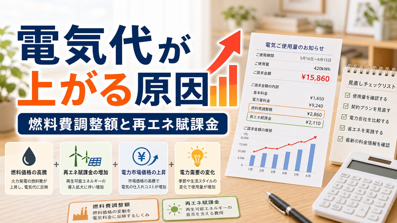 電気代が上がり続ける原因と対策｜燃料費調整額・再エネ賦課金｜比較・見直しガイドのアイキャッチ画像