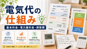 電気代の仕組みを解説｜基本料金・電力量料金・調整額｜比較・見直しガイドのアイキャッチ画像