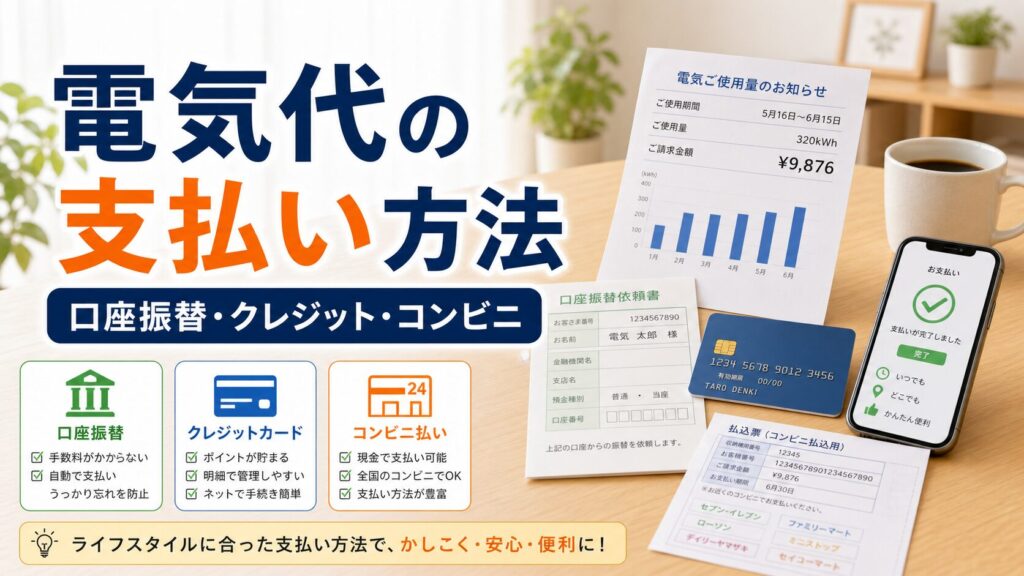 電気代の支払い方法まとめ｜口座振替・クレジット・コンビニ｜比較前ガイドのアイキャッチ画像