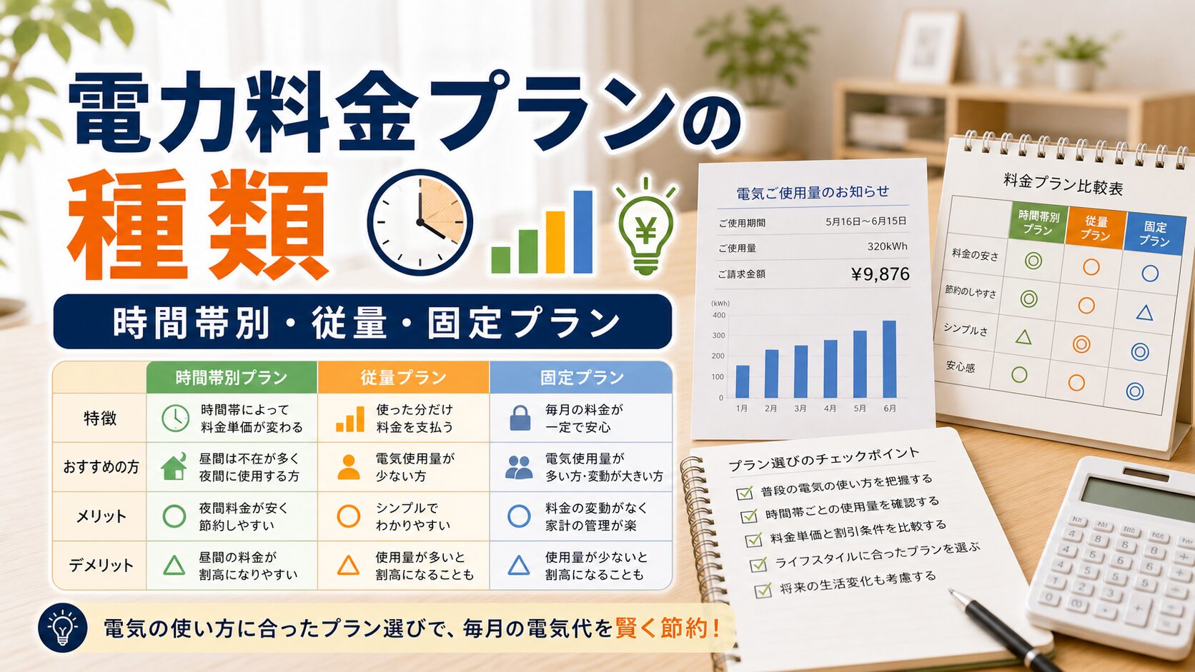 電力料金プランの種類と選び方比較｜時間帯別・従量・固定プランのアイキャッチ画像