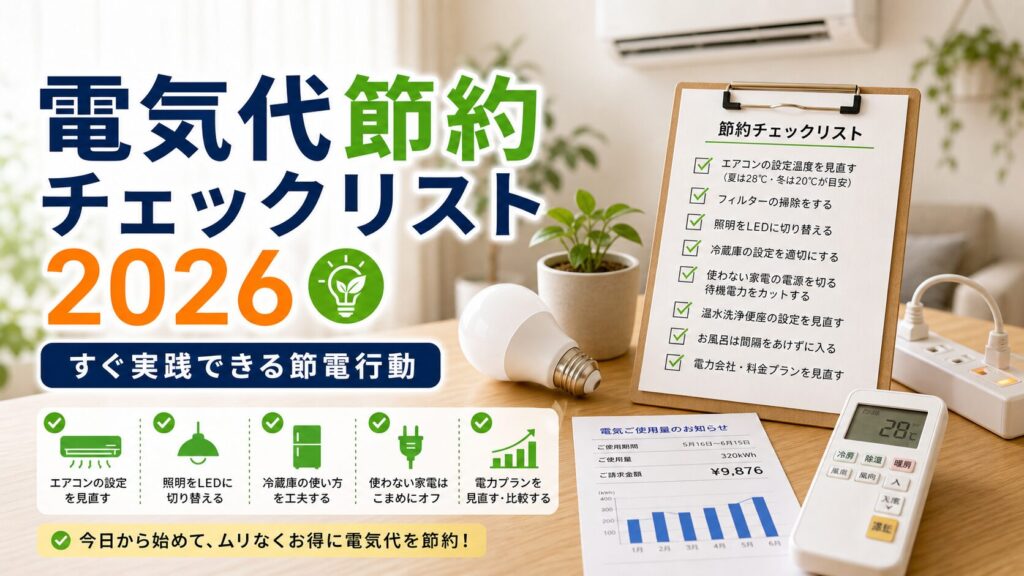 電気代節約チェックリスト2026｜すぐ実践できる節電行動｜比較前チェックのアイキャッチ画像