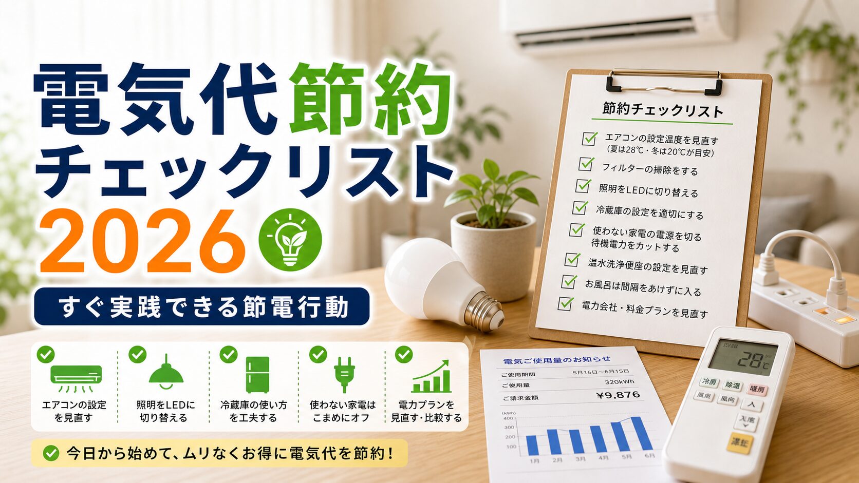 電気代節約チェックリスト2026｜すぐ実践できる節電行動｜比較前チェックのアイキャッチ画像