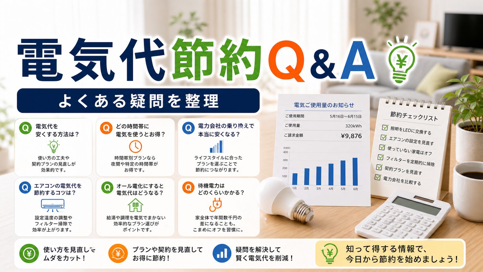 電気代節約のよくある質問Q&A｜よくある疑問に答えます｜比較前の疑問整理のアイキャッチ画像
