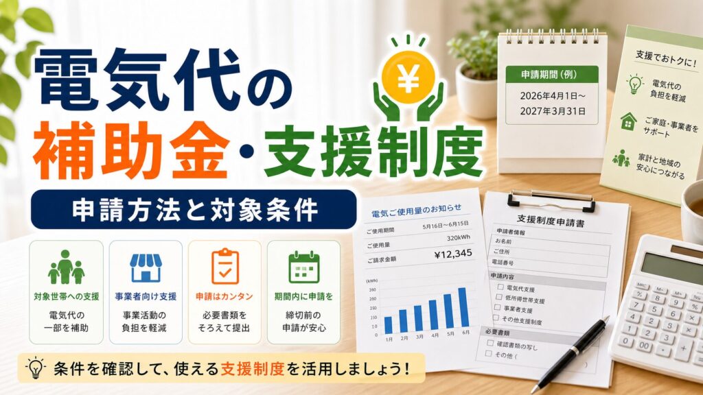 電気代の補助金・支援制度まとめ｜申請方法と対象条件｜比較前ガイドのアイキャッチ画像