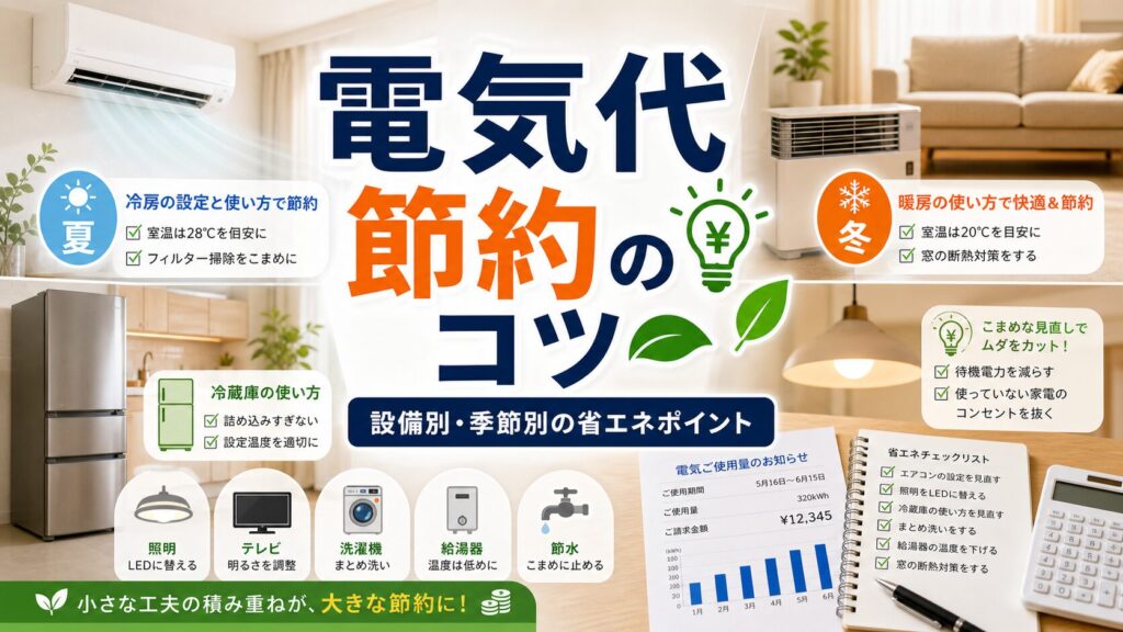 電気代節約のコツ｜設備別・季節別の省エネポイント｜比較・見直しガイドのアイキャッチ画像