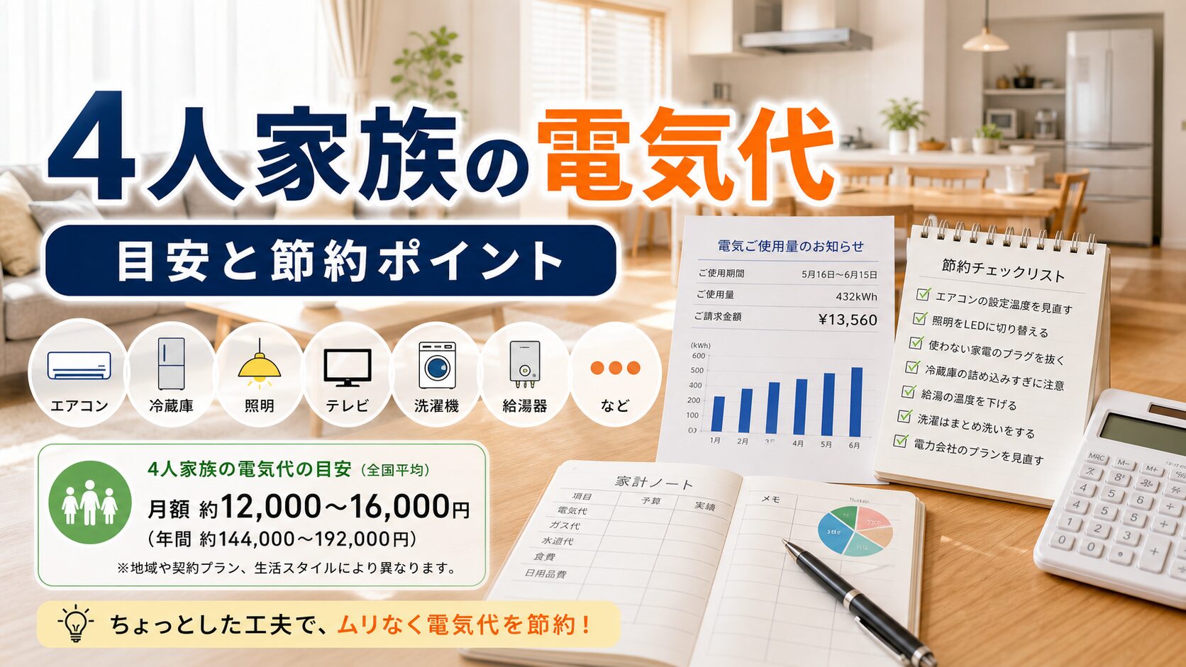 4人家族の電気代目安と節約ポイント|比較・見直しガイドのアイキャッチ画像