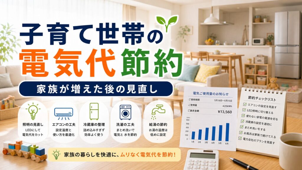 子育て世帯の電気代節約術｜家族が増えた後の見直しポイント｜比較・見直しガイドのアイキャッチ画像