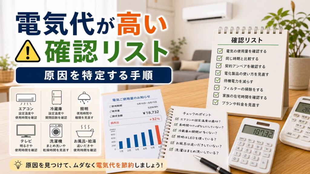 電気代が高いときの確認チェックリスト｜原因を特定する手順｜比較前チェックのアイキャッチ画像