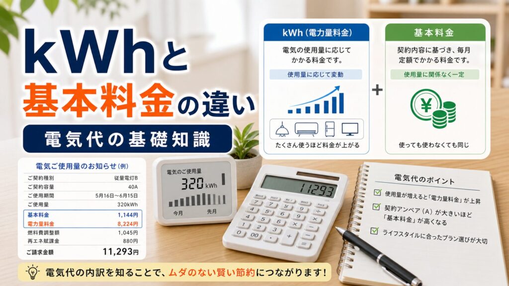 kWhと基本料金の違い｜電気代を正しく理解する基礎知識比較のアイキャッチ画像