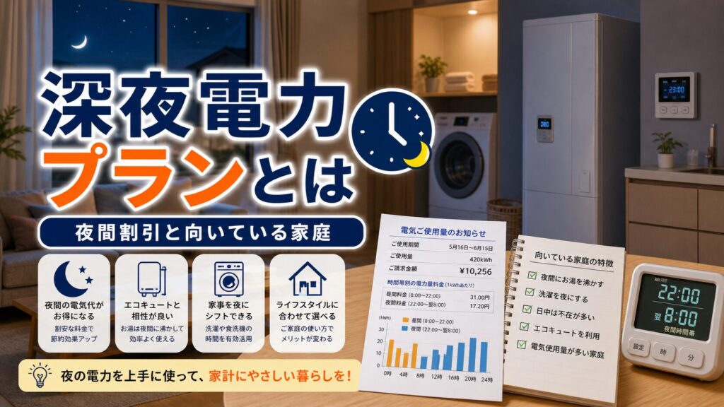 深夜電力プランとは｜夜間割引の仕組みと向いている家庭｜比較・見直しガイドのアイキャッチ画像