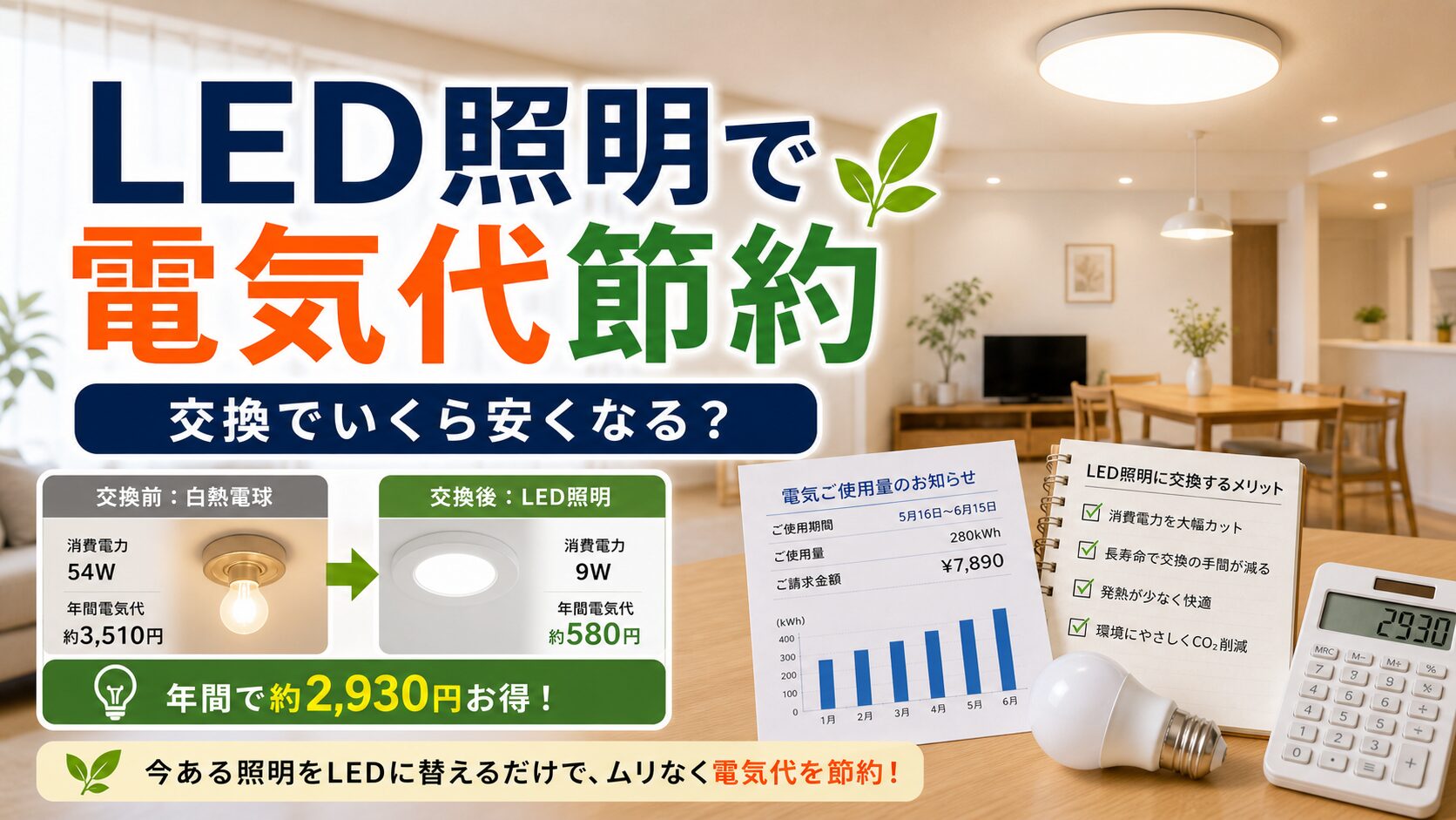 LED照明への交換で電気代はいくら安くなるか｜比較・見直しガイドのアイキャッチ画像