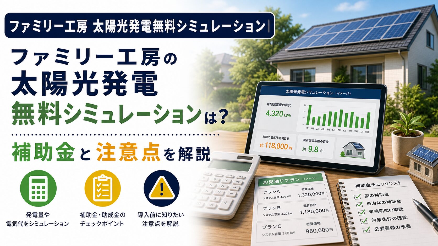 ファミリー工房 太陽光発電無料シミュレーション|ファミリー工房の太陽光発電無料シミュレーションは?補助金と注意点を解説のアイキャッチ画像
