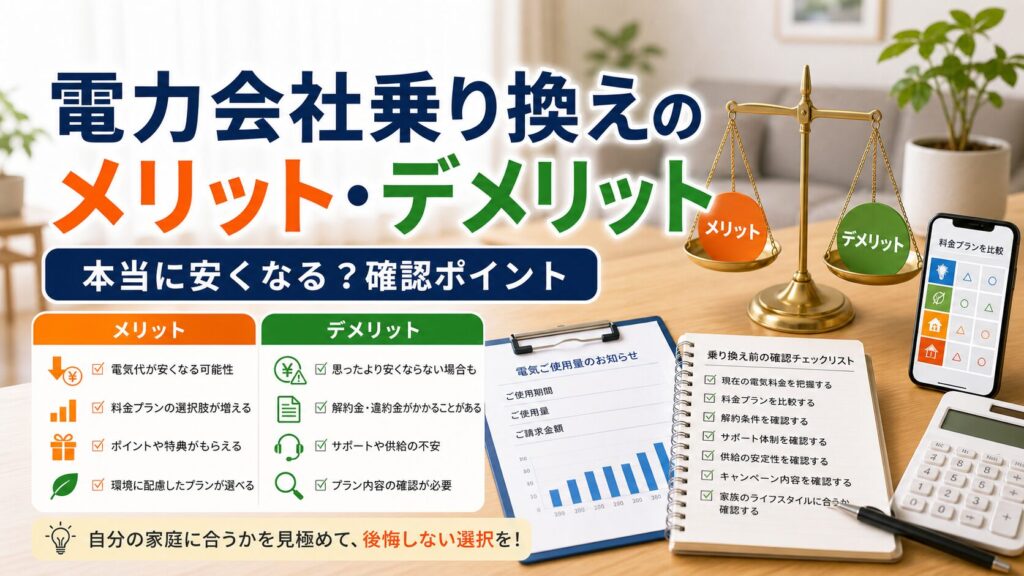電力会社を乗り換えるメリットとデメリット：本当に安くなるの？｜電気代節約と電力会社選びのポイント｜比較・見直しガイドのアイキャッチ画像