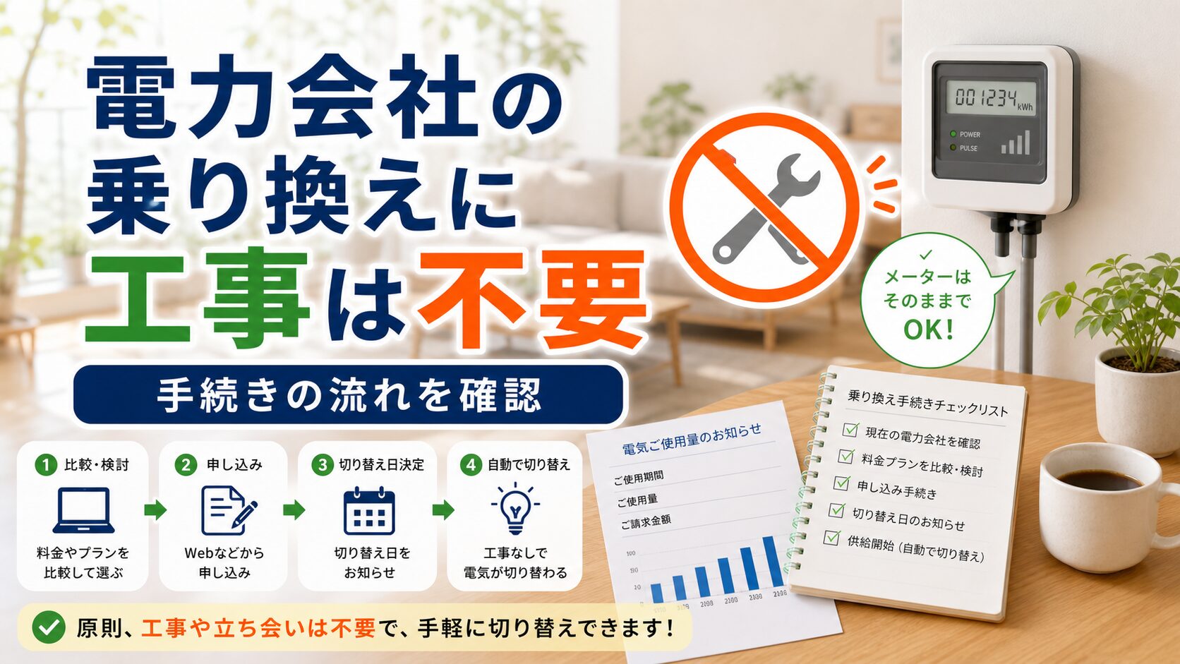 電力会社の乗り換えに工事は不要|手続きの流れ|比較前ガイドのアイキャッチ画像