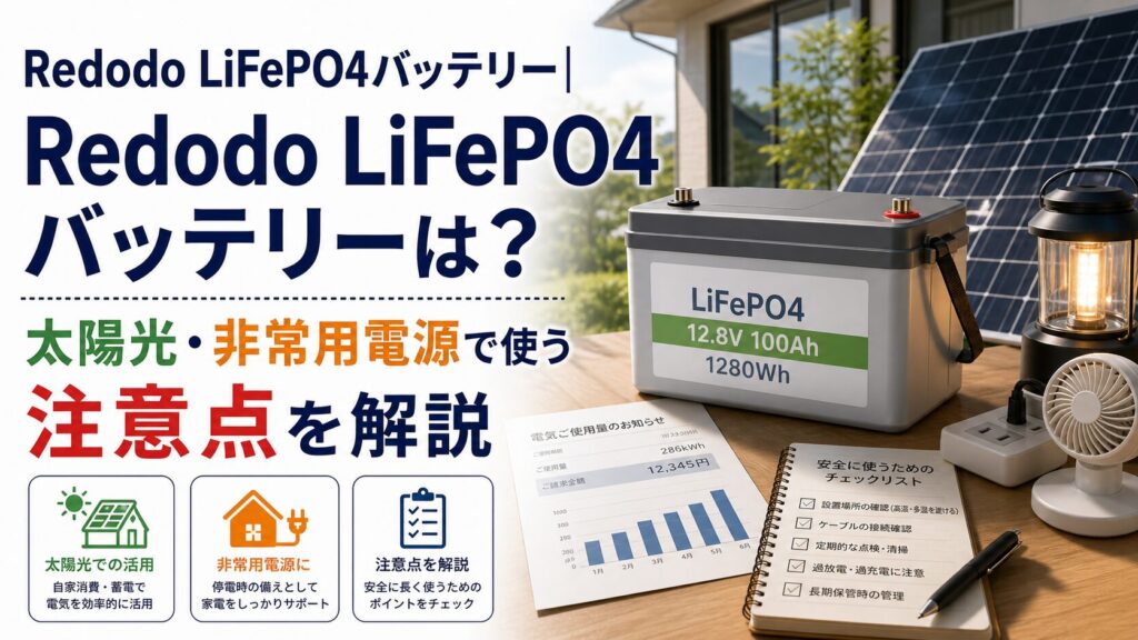 Redodo LiFePO4バッテリー|Redodo LiFePO4バッテリーは？太陽光・非常用電源で使う注意点を解説のアイキャッチ画像