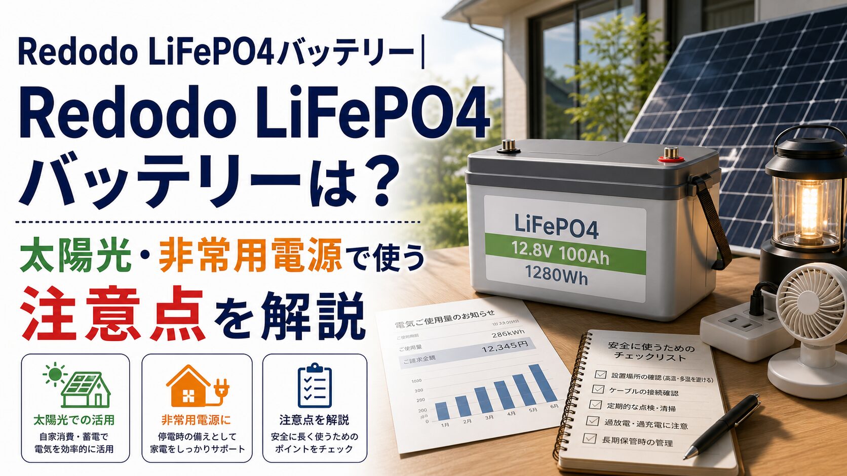 Redodo LiFePO4バッテリー|Redodo LiFePO4バッテリーは？太陽光・非常用電源で使う注意点を解説のアイキャッチ画像