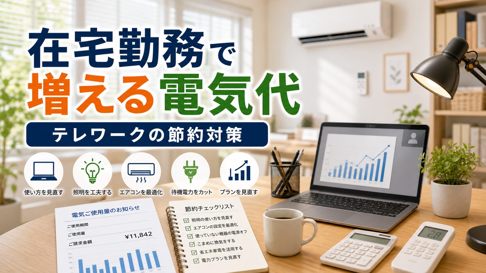 テレワーク・在宅勤務で増える電気代と節約対策|比較・見直しガイドのアイキャッチ画像