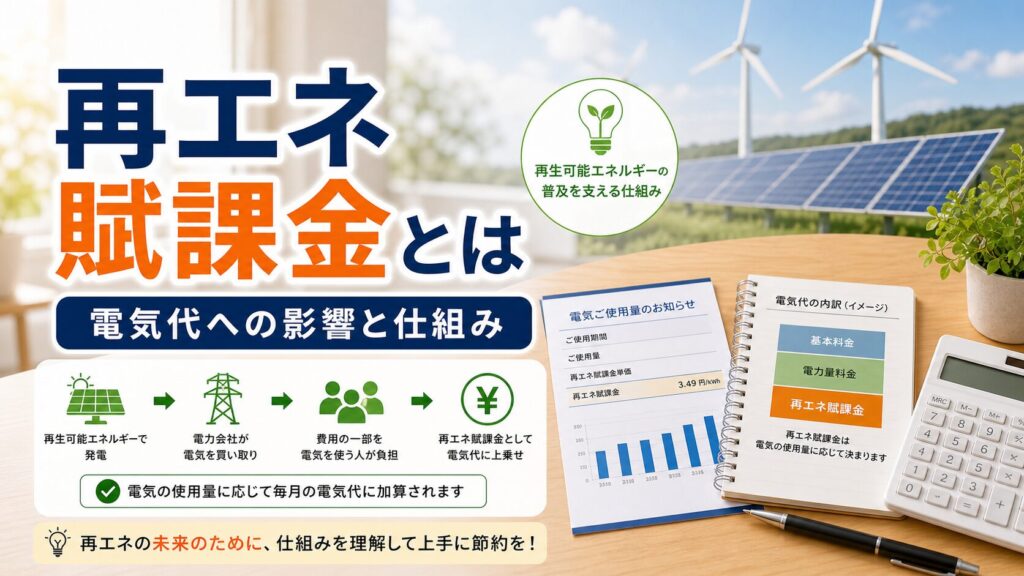 再生可能エネルギー賦課金とは｜電気代への影響と仕組み｜比較・見直しガイドのアイキャッチ画像