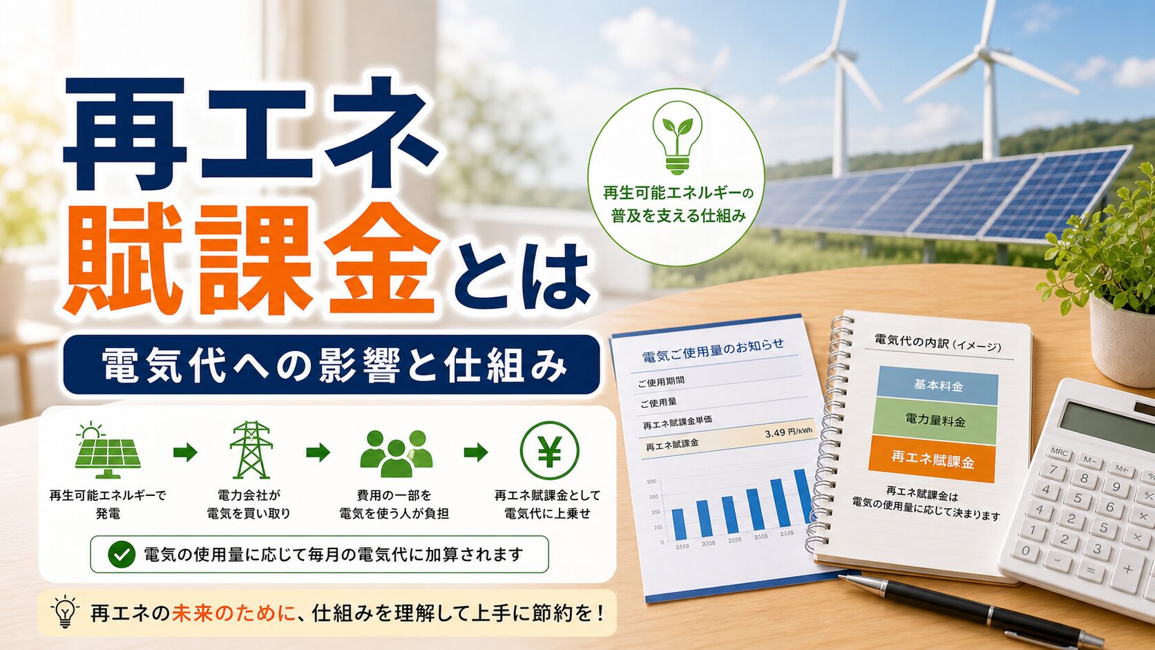 再生可能エネルギー賦課金とは｜電気代への影響と仕組み｜比較・見直しガイドのアイキャッチ画像