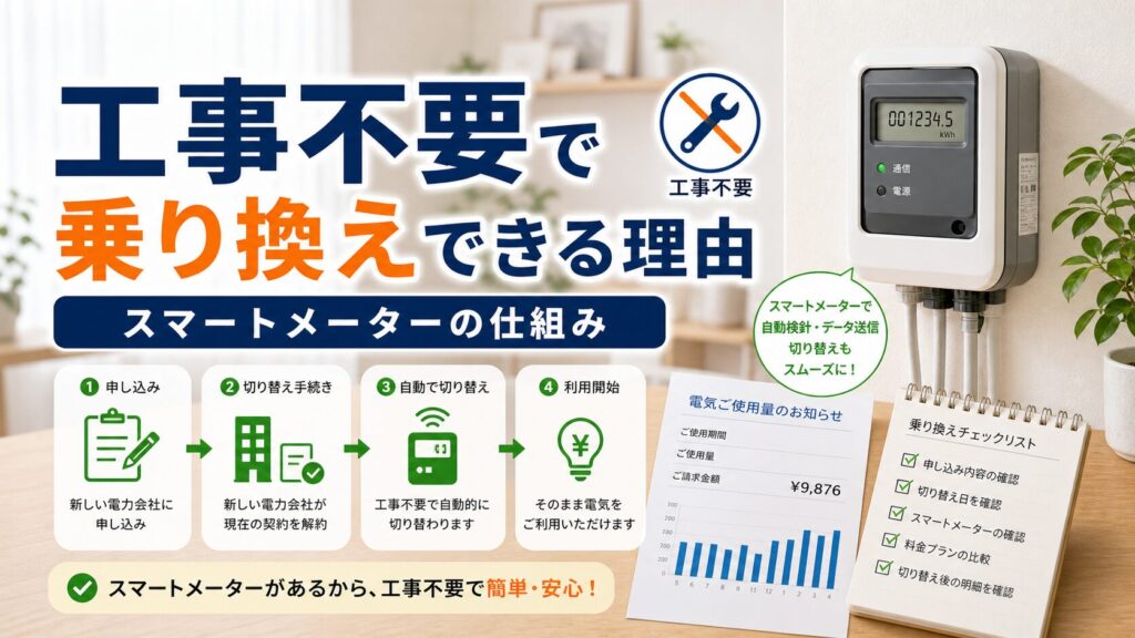 電力会社の乗り換えで工事不要な理由｜スマートメーターの仕組み｜比較・見直しガイドのアイキャッチ画像