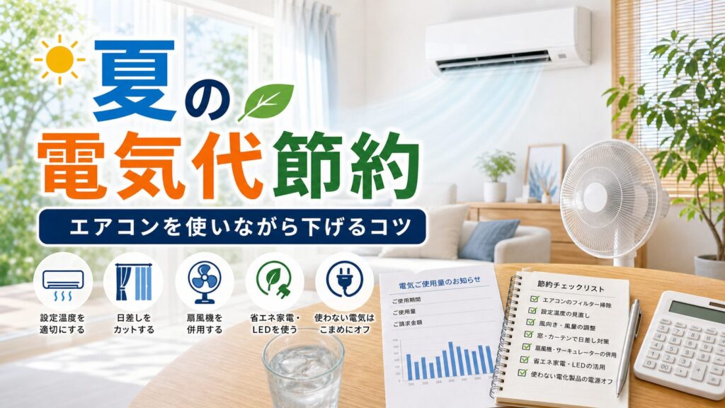 夏の電気代節約方法｜エアコンを使いながら電気代を下げるコツ｜比較前ガイドのアイキャッチ画像