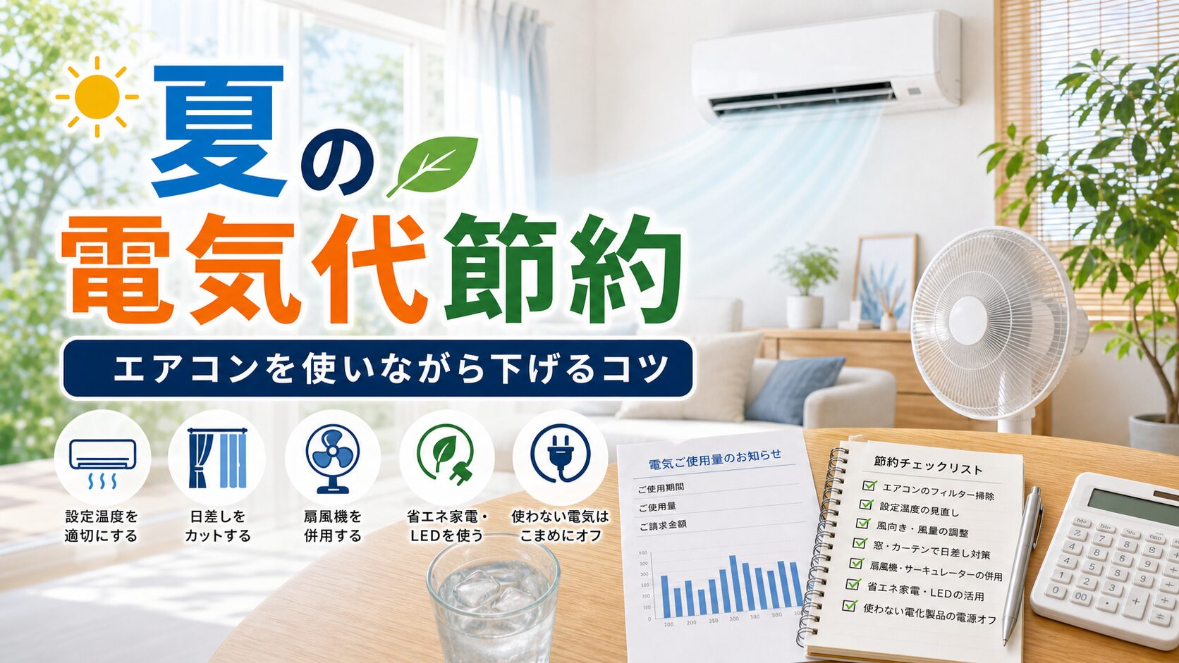 夏の電気代節約方法｜エアコンを使いながら電気代を下げるコツ｜比較前ガイドのアイキャッチ画像