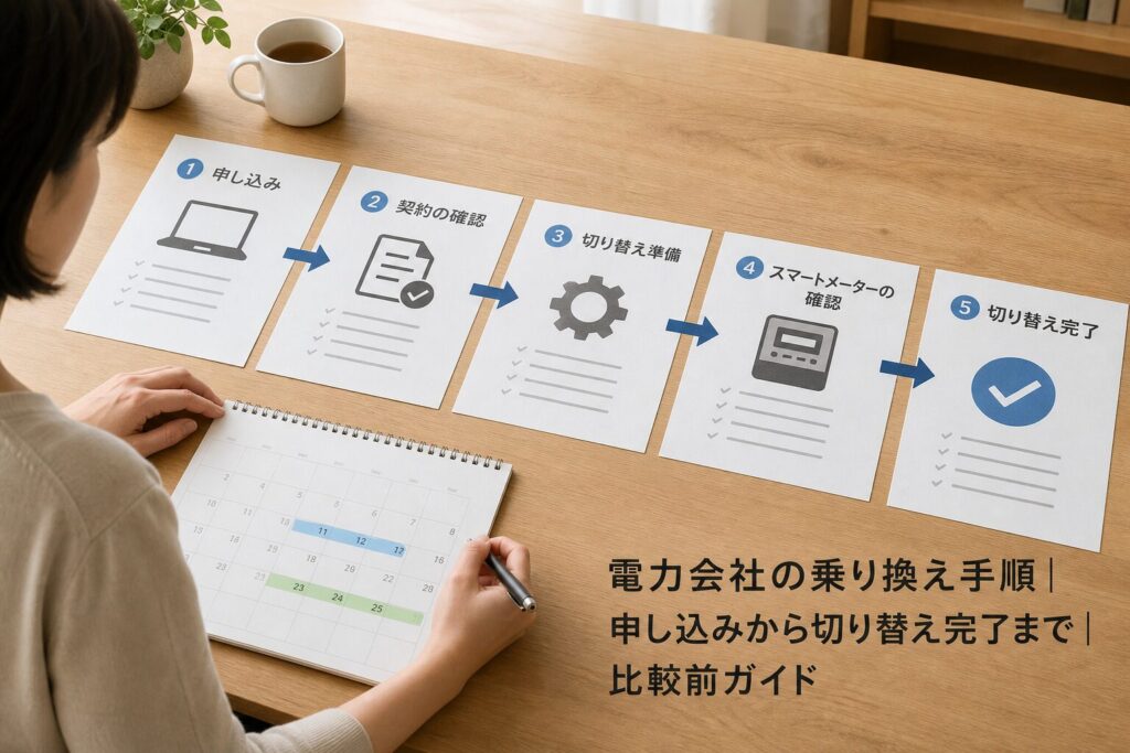 電力会社の乗り換え手順｜申し込みから切り替え完了まで｜比較前ガイドのアイキャッチ画像
