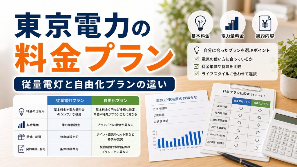 東京電力の料金プランを解説｜従量電灯と自由化プランの違い｜比較・見直しガイドのアイキャッチ画像