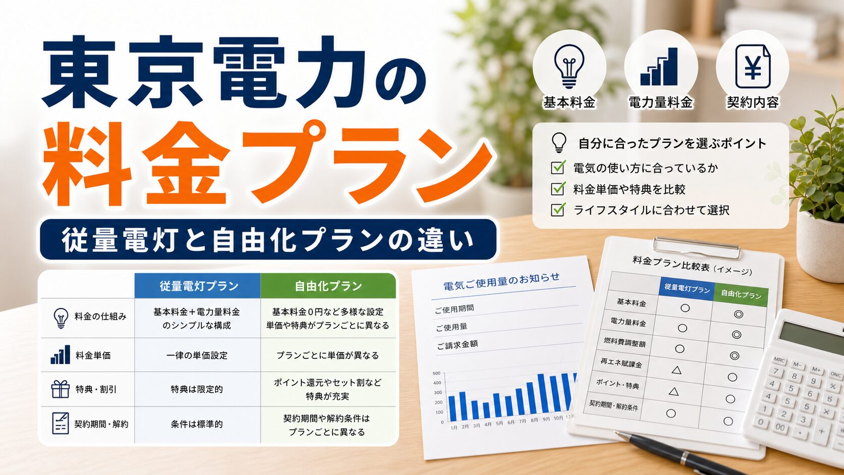 東京電力の料金プランを解説｜従量電灯と自由化プランの違い｜比較・見直しガイドのアイキャッチ画像