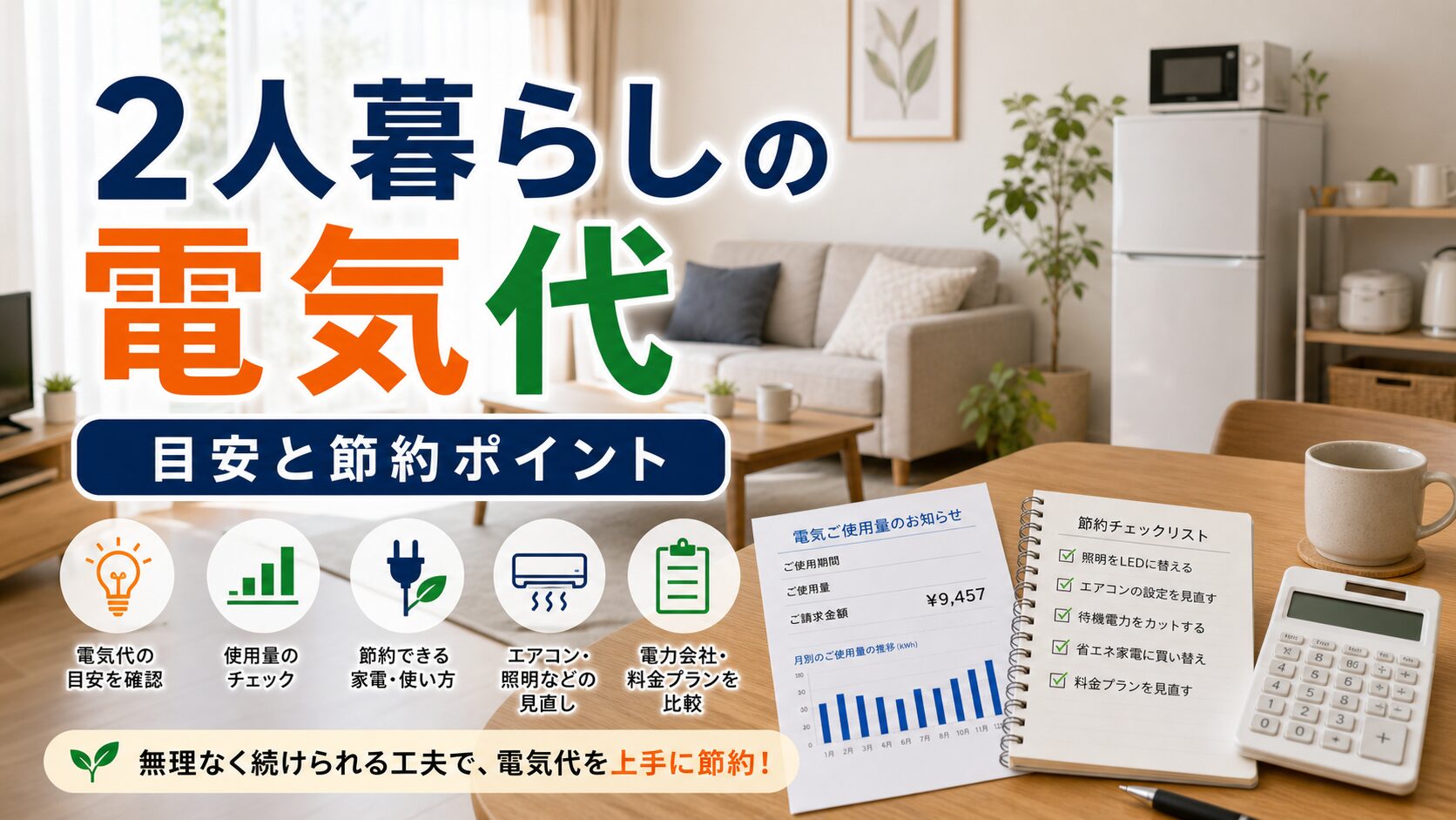 2人暮らしの電気代目安と節約ポイント｜比較・見直しガイドのアイキャッチ画像