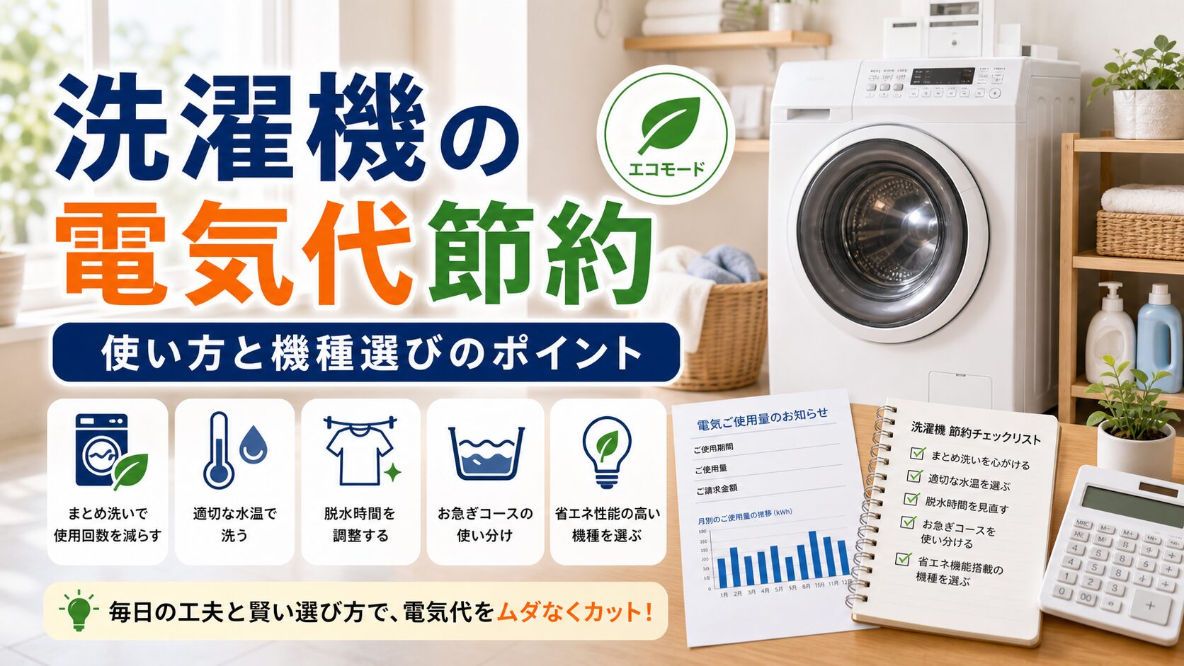 洗濯機の電気代を節約する方法｜使い方と機種選びのポイント｜比較前ガイドのアイキャッチ画像