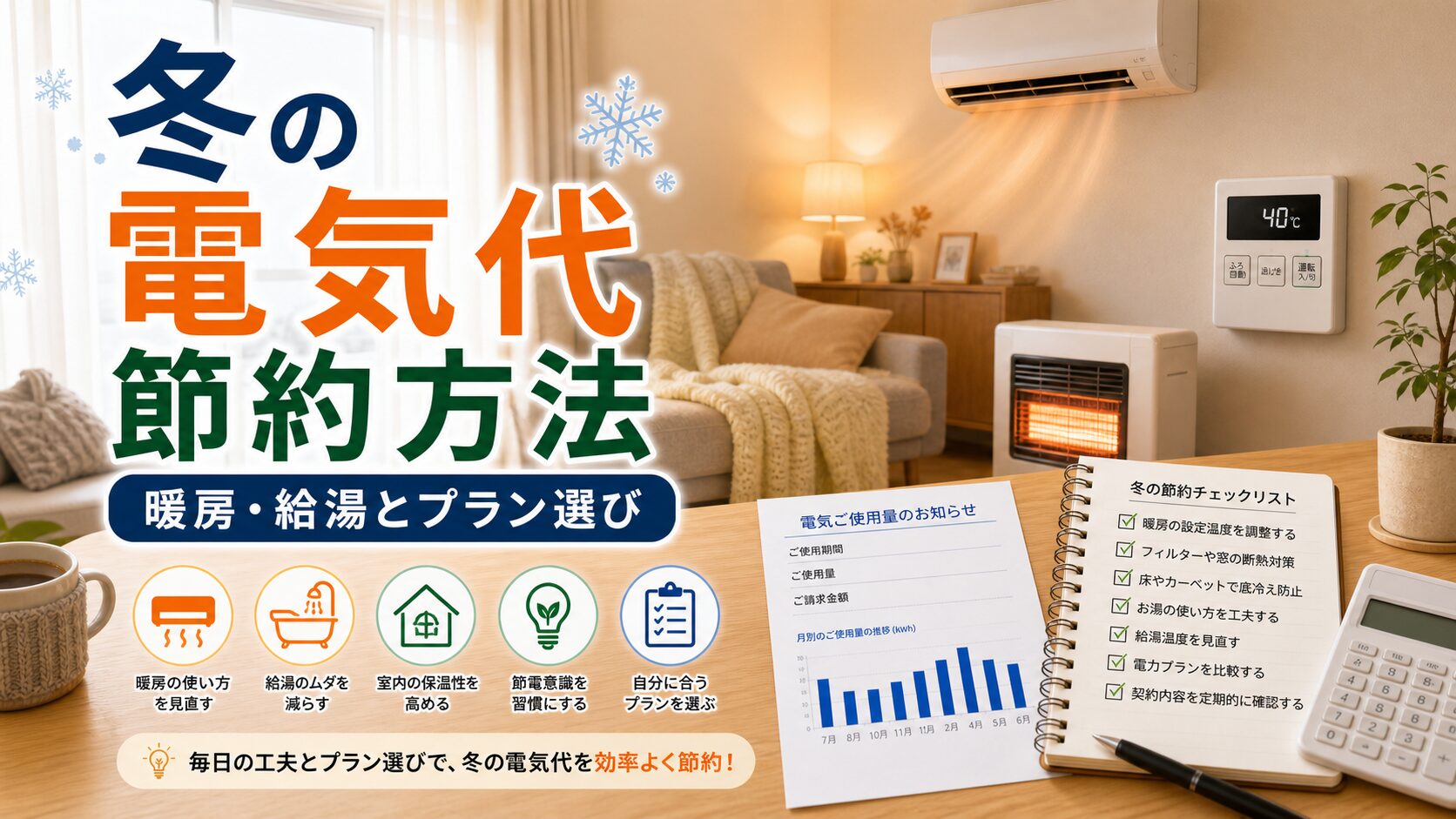 冬の電気代節約方法｜暖房・給湯の効率化と電力プラン選び｜比較前ガイドのアイキャッチ画像