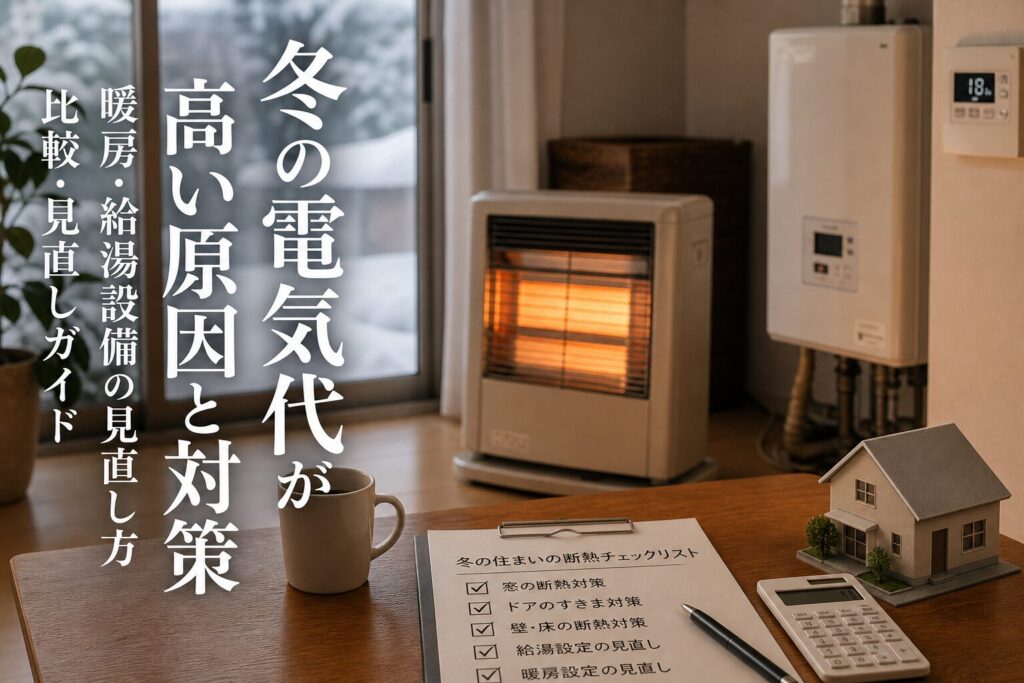 冬の電気代が高い原因と対策｜暖房・給湯設備の見直し方｜比較・見直しガイドのアイキャッチ画像