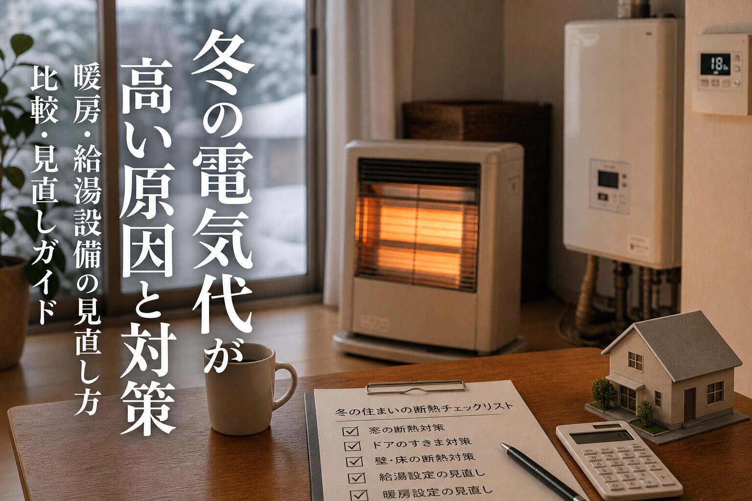 冬の電気代が高い原因と対策｜暖房・給湯設備の見直し方｜比較・見直しガイドのアイキャッチ画像